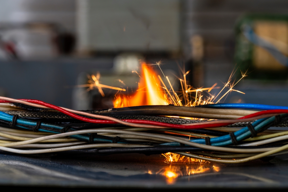 Flames,,sparks,,smoke,between,electrical,cables,,close,up.,short,circuit