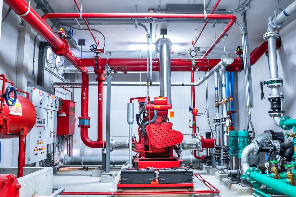 Red,generator,pump,for,water,sprinkler,piping,and,fire,alarm